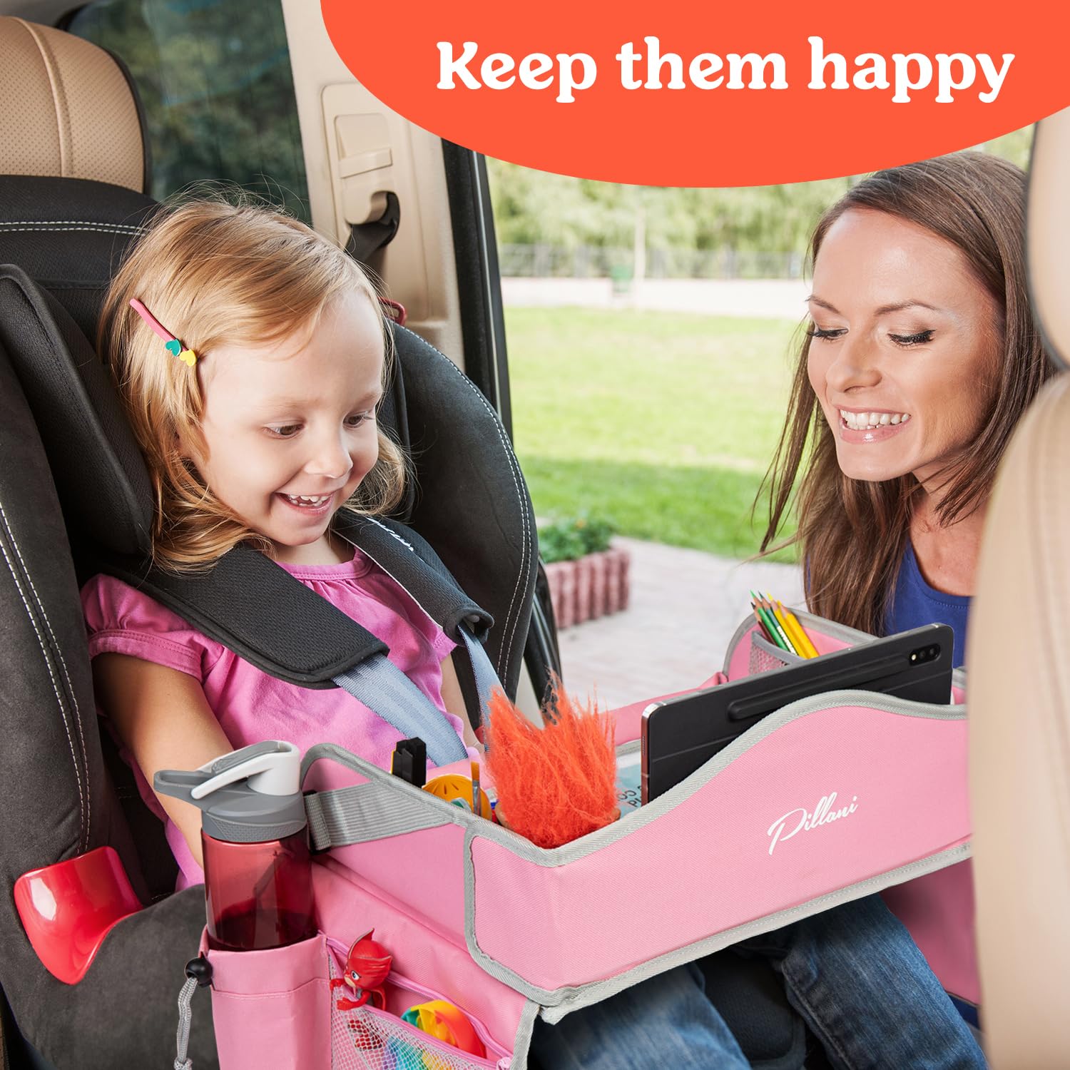 PILLANI Kids Travel Tray for Car - Car Seat Tray for Kids Travel, Road Trip Essentials, Carseat Table for Roadtrip Activities - Must Haves Toddler Lap Desk Organizer for Airplane - Car Accessories