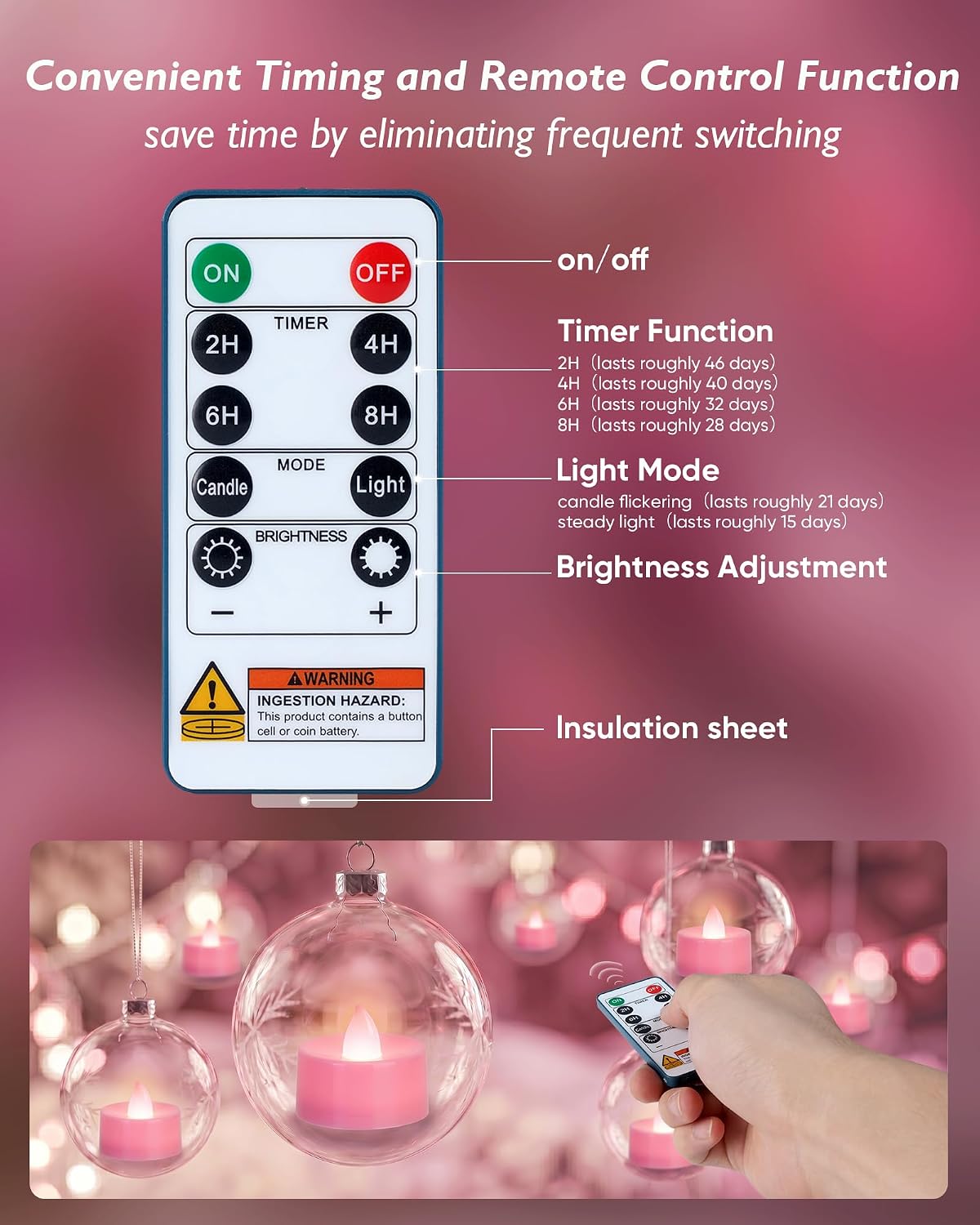 Homemory 24-Pack Pink Remote Flameless Battery Tea Light Candles, 400+ Hrs