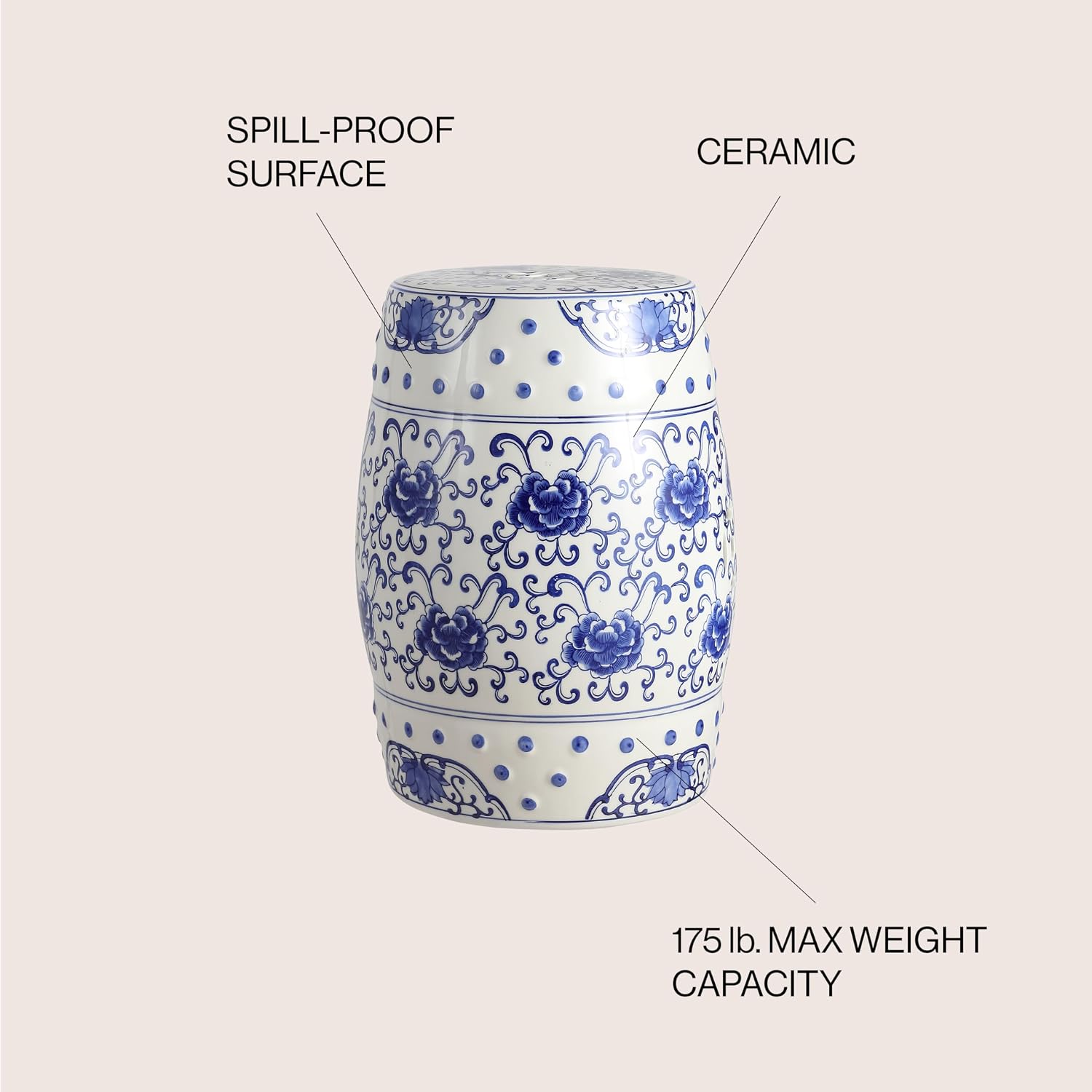 JONATHAN Y Lotus Flower Chinoiserie Ceramic Drum Stool 17.75", Blue/White