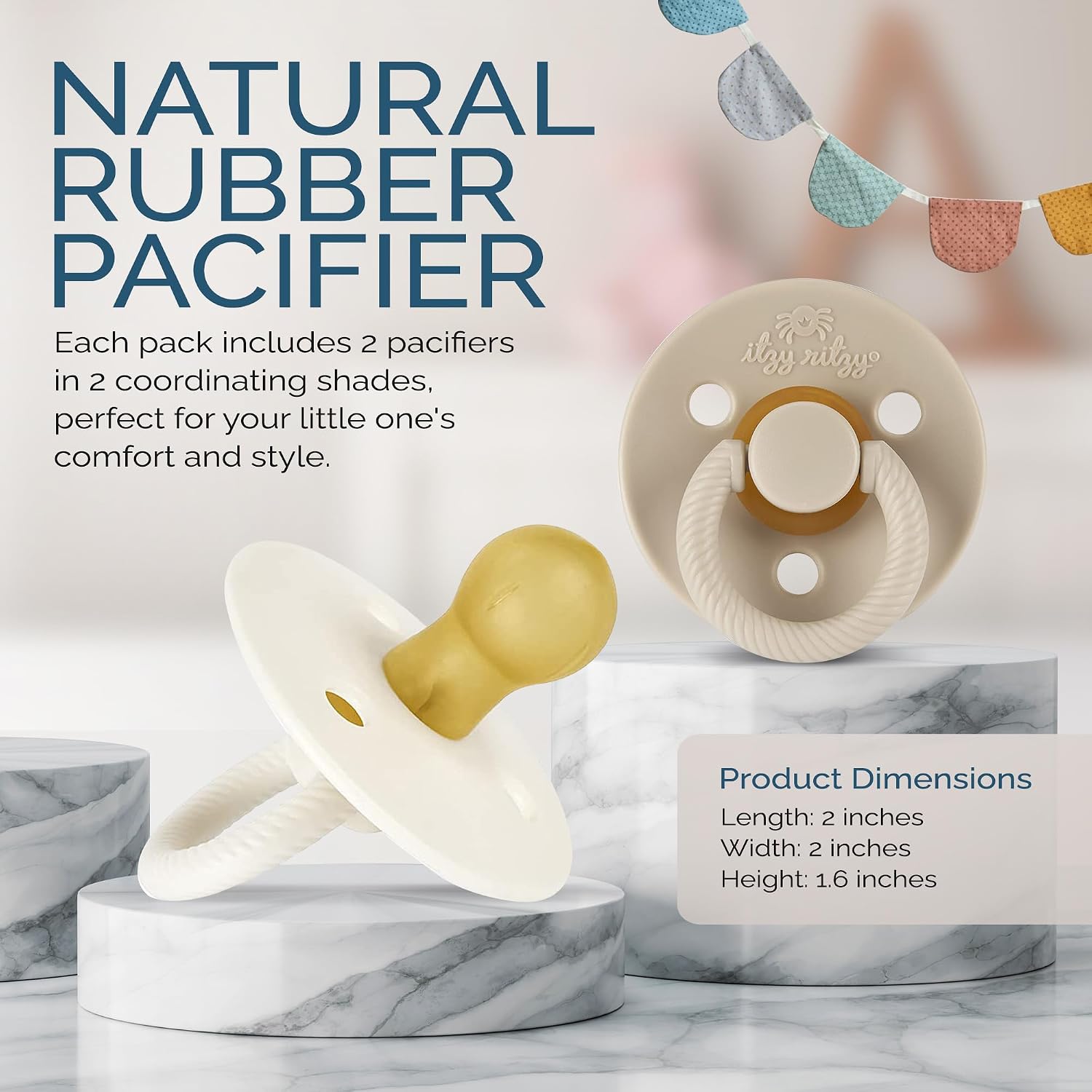 Itzy Ritzy Natural Rubber Pacifiers for 0–6 Mos, Set of 2 (Coconut/Toast)