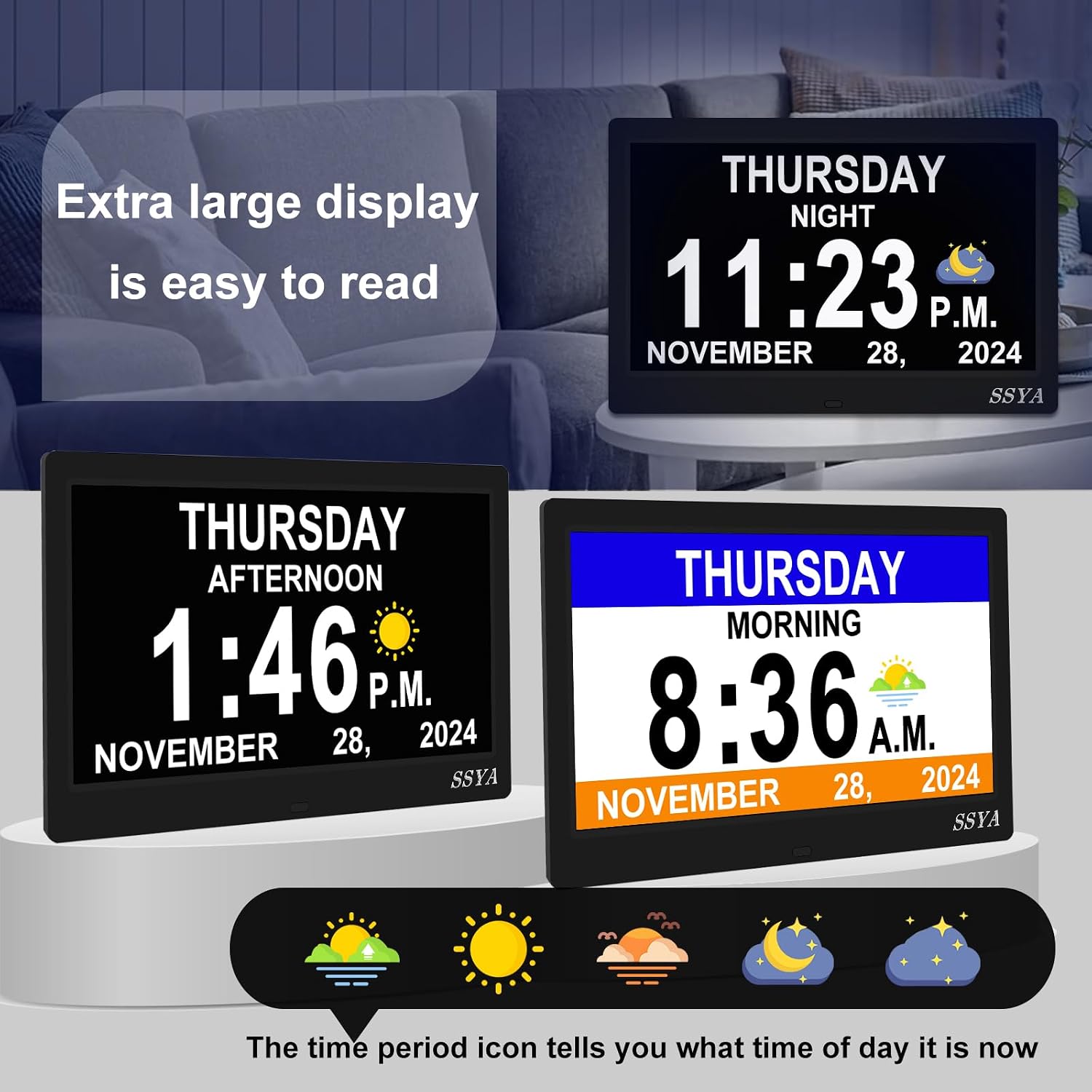 SSYA Dementia Clock for Seniors, Digital Clock with Date and Day of Week, Auto DST, Non-Abbreviated Large Calendar Alarm Clocks (Black)