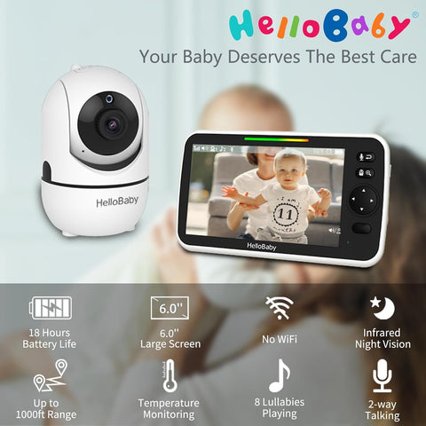 HelloBaby 6" No WiFi Video Baby Monitor with Camera Audio, 33H Battery