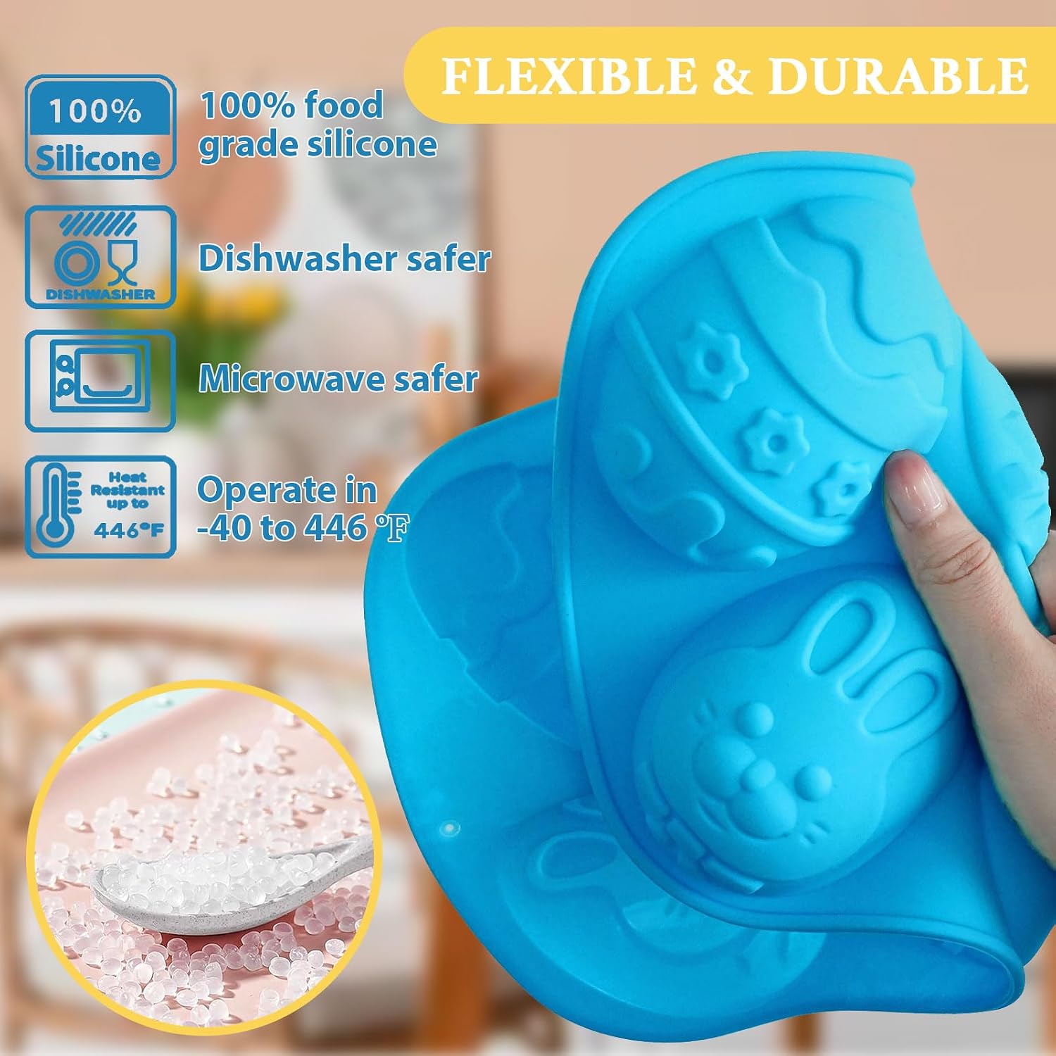 Egg Shape Silicone Molds 3.5 Inch, 2-Pack Chocolate Baking Holiday Easter Mould, Non-Stick BPA Free, Kid-Friendly Soap Mold Rabbit & Floral Designs, Blue & Pink