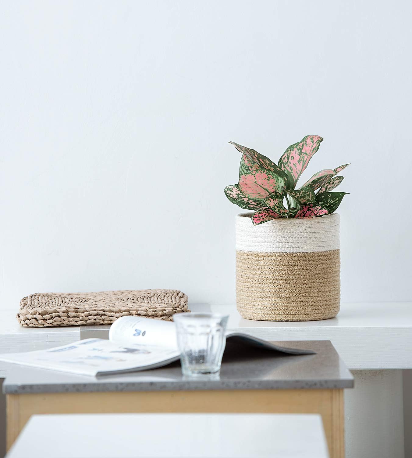 Dahey Plant Basket Indoor for 7 inch Pot Woven Jute Planter, White & Beige