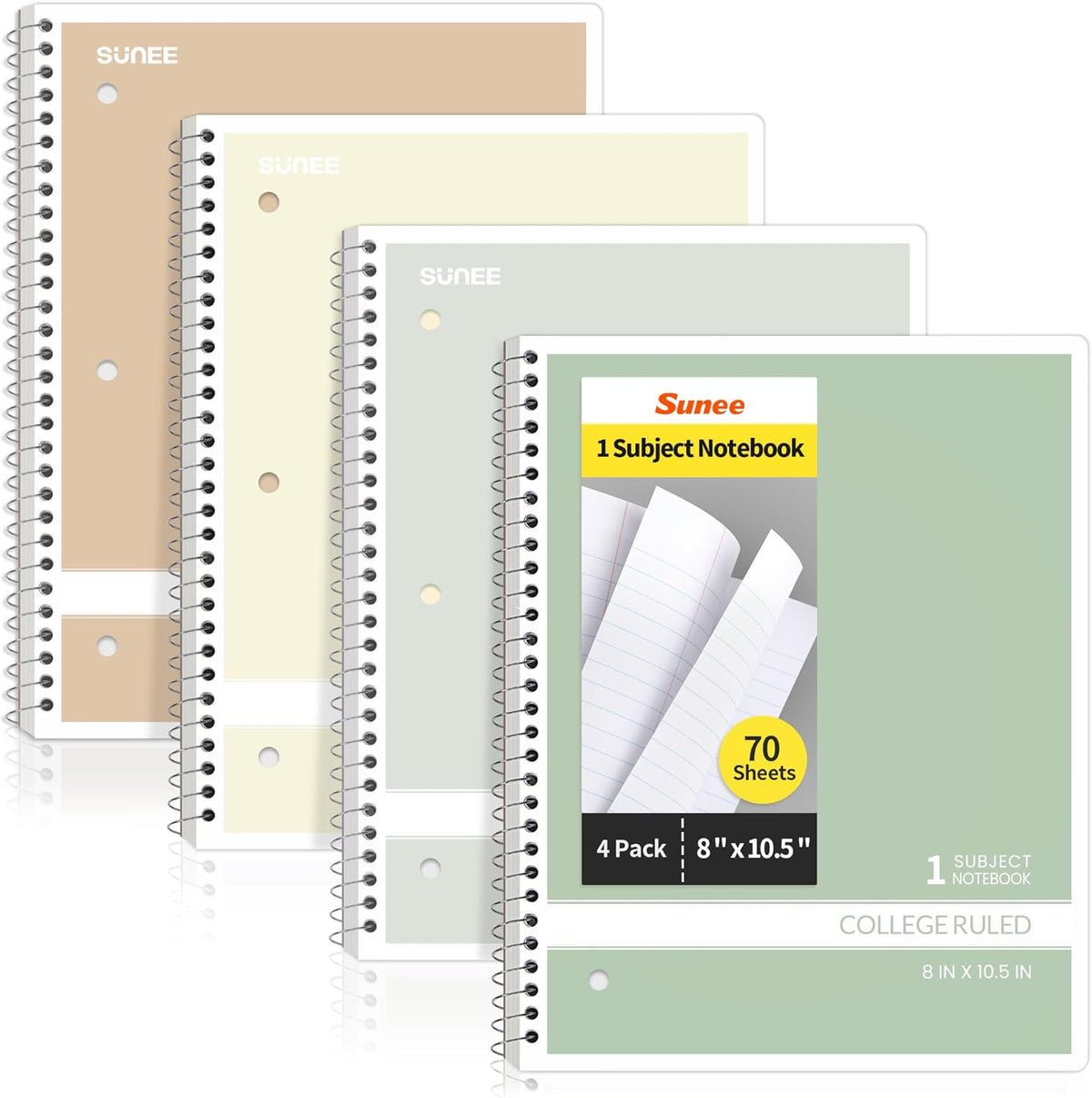 SUNEE Spiral Notebooks College Ruled, 1-Subject, 4 Pack, 8 x 10-1/2 inch, 70 Sheets per Notebook, 3-Hole Punched Paper, Green, Grey, Beige, Red for Work, Home & School, Writing Journal