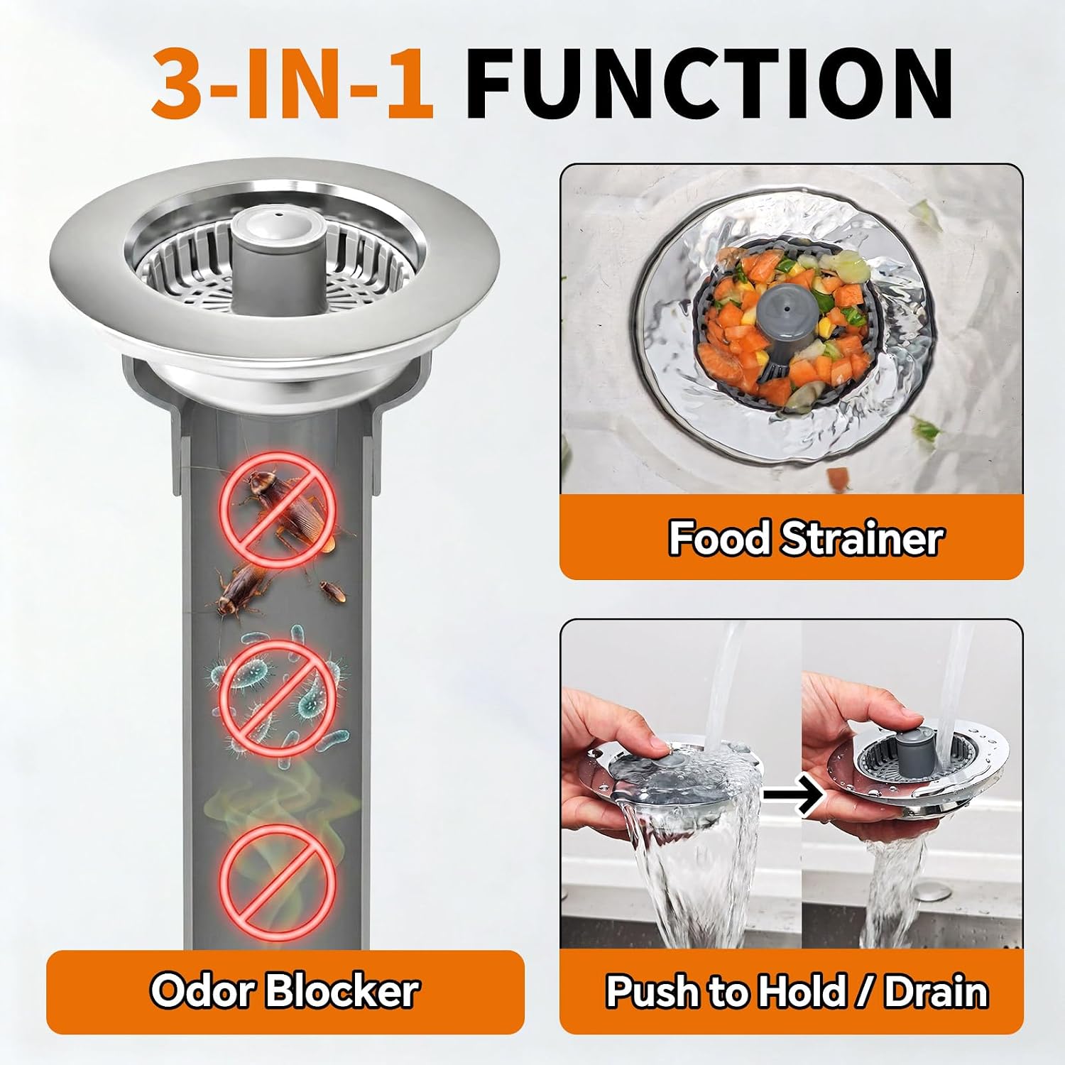 Kitchen Sink Stopper, 3 in 1 Pop Up Kitchen Sink Drain Strainer, with an Extra Basket Strainer, Sink Drain Stopper for US Standard 3-1/2 Inch, Brass Material Electroplate (Silver 2pcs)