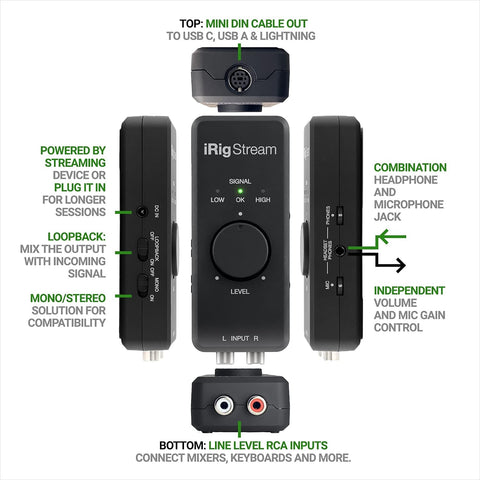 IK Multimedia iRig Stream stereo audio interface for iPhone, iPad, Mac, iOS and PC with USB-C, Lightning and USB for 24-bit, 48 kHz recording from mixers and studio gear