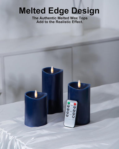 Navy Blue Real Wax Flameless Pillar Candles, Battery Operated with Remote