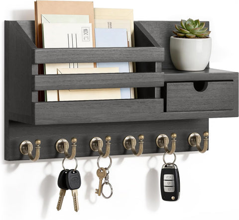 FifthQuarter Key Holder Wall Mount with Drawer and 6 Sturdy Hooks, A-Black