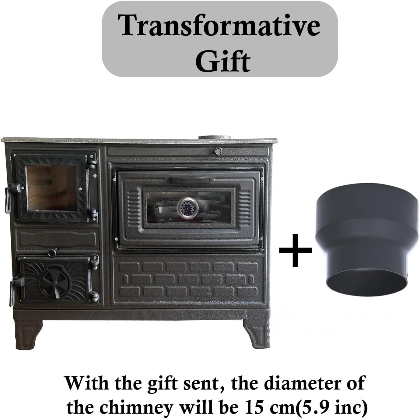 Cast Iron Stove with Oven, Durable Cast Baking Oven, Cooker Oven by Burning Wood, Warming Heater Stove, Oven Section with Thermometer, Brick Lined Fireplace Made in Turkiye (Black-with-Window)