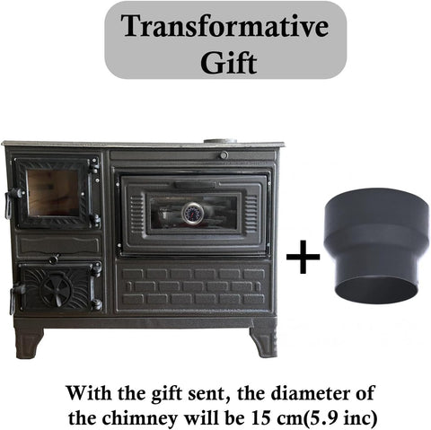 Cast Iron Stove with Oven, Durable Cast Baking Oven, Cooker Oven by Burning Wood, Warming Heater Stove, Oven Section with Thermometer, Brick Lined Fireplace Made in Turkiye (Black-with-Window)
