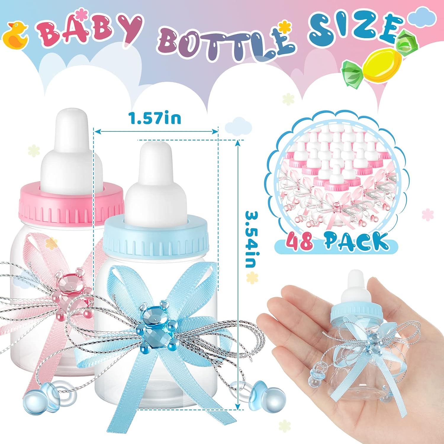 Nuenen 48 Pcs Baby Shower Milk Bottles with Ribbon Plastic Bear Candy Bottles Baby Shower Favors Gender Reveal Wedding Birthday Party Decorations (Blue,Pink)
