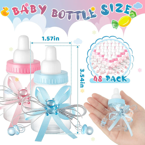 Nuenen 48 Pcs Baby Shower Milk Bottles with Ribbon Plastic Bear Candy Bottles Baby Shower Favors Gender Reveal Wedding Birthday Party Decorations (Blue,Pink)