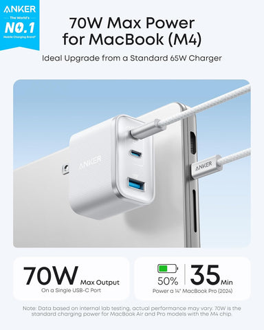 Anker Nano 70W Max 3-Port Fast Charger USB C, Type C Charger Fast Charging