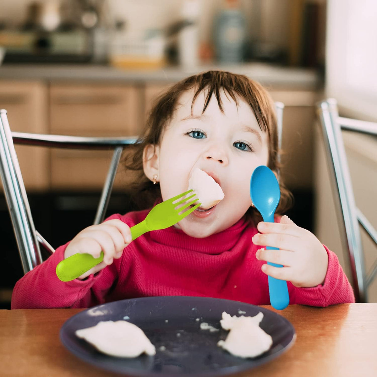 PLASKIDY Toddler Utensils Set of 18 Plastic Kids Utensils Forks and Spoons - BPA FREE/Dishwasher Safe Toddler Flatware Set Brightly Colored Children's Safe Silverewre Cutlery Set