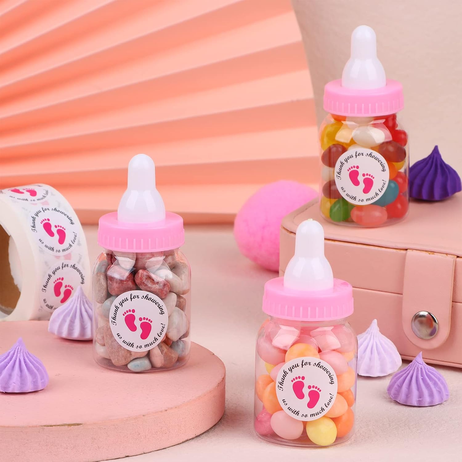62 Pcs 3.5 Inch Baby Mini Milk Bottle Baby Shower Favor with 500 Adhesive Thank You for Showering Stickers, Small Plastic Candy Bottle DIY Gift for Boy Girl Newborn Baptism Party Decor (Pink)