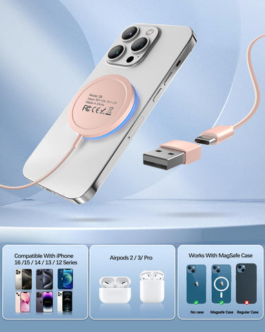 Magnetic Wireless Charger Fast Apple Mag-Safe Charger for iPhone 15 Pro Max/15 Pro/15/15 Plus/14/13/12 Series AirPods 3/2/Pro/Pro 2 LED Magnet Charging Pad with Dual Charging Ports Pink