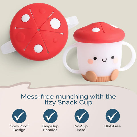 Itzy Ritzy Toddler Snack Cup, Spill-Proof w/Soft Silicone Lid, Mushroom
