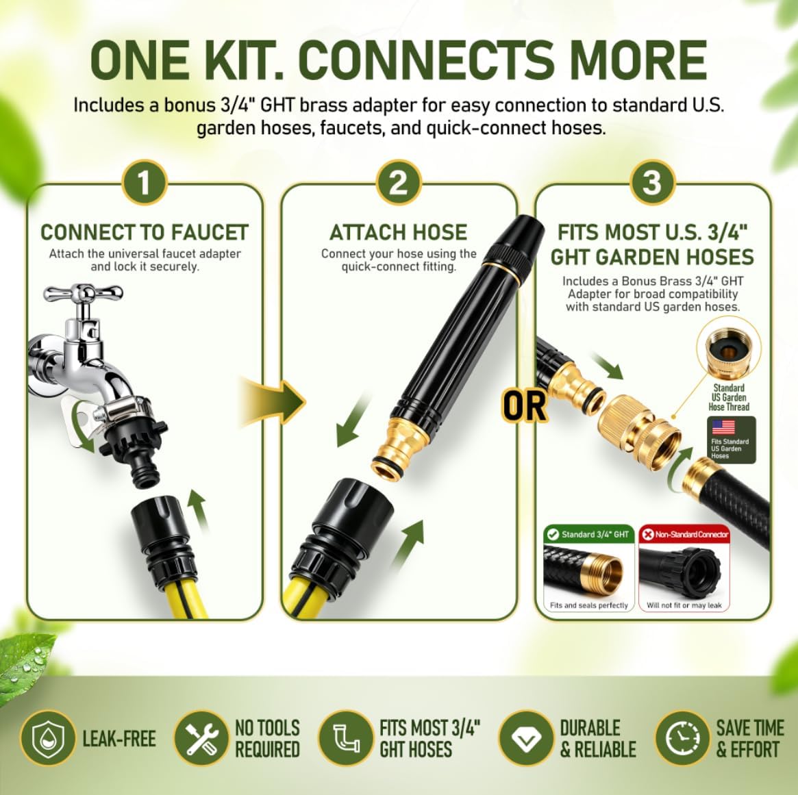 High Pressure Hose Nozzle Metal Fits US Garden Hoses with 3 Spray Modes