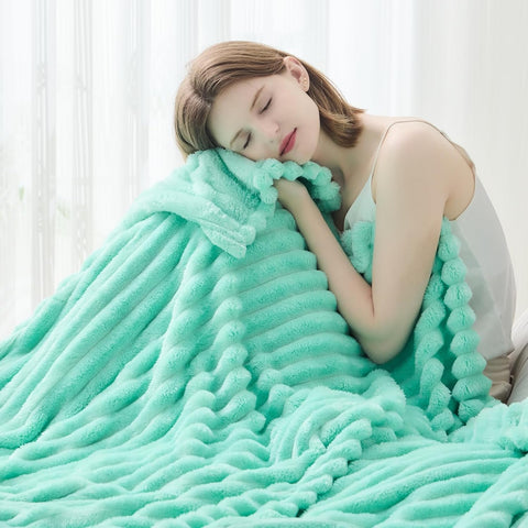 NEWCOSPLAY Fleece Ribbed Cozy Throw Blanket for Couch, Aqua, 50"x60"