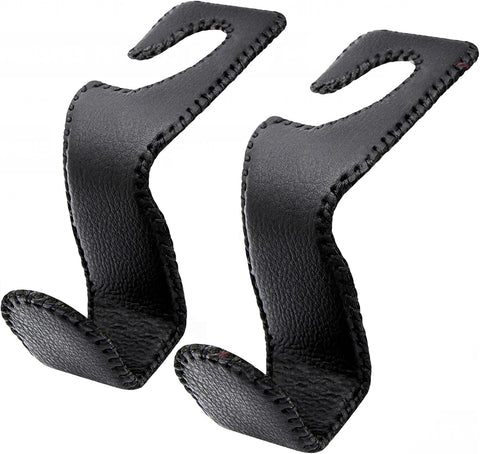 EldHus Headrest Hooks for Purses and Bags, 2 Pack Car Seat Hooks for Grocery Bag Handbag, Metal Car Purse Holder Covered by Leather, Black
