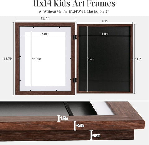 2-Pack Kids Art Frames, 11x14 Front Opening Kids Artwork Frames Changeable, Displays 9x12 With Mat and 11x14 Without Mat, Holds 50 Pcs, for 3D Picture, Crafts, Children Drawing, Hanging Art, Portfolio