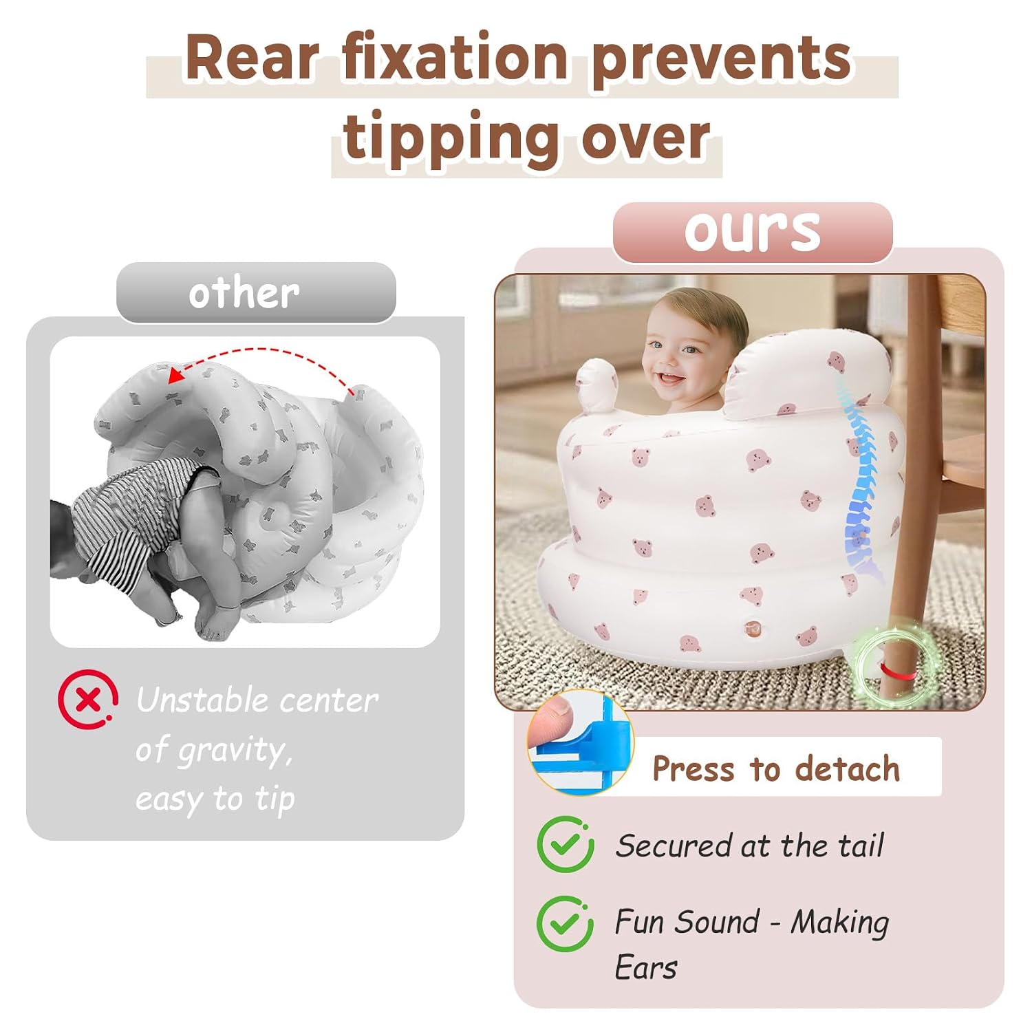 Inflatable Baby Seat for Babies 3-36 Months，[Squeaky Sound & Anti-Fall Design] Inflatable Chair with Sound-Making Ears, Baby Seat for Sitting-Up Practice, Built-in Air Pump (Ear Bear)
