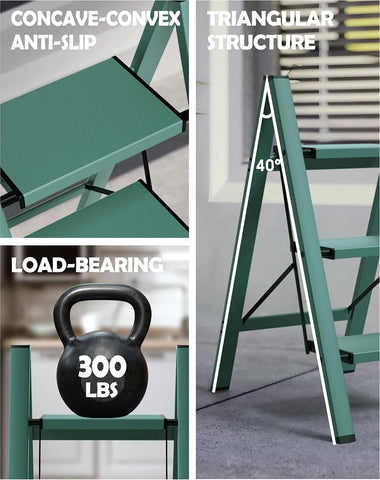Taranta 3 Step Stool Foldable,Aluminum Step Ladder-Green