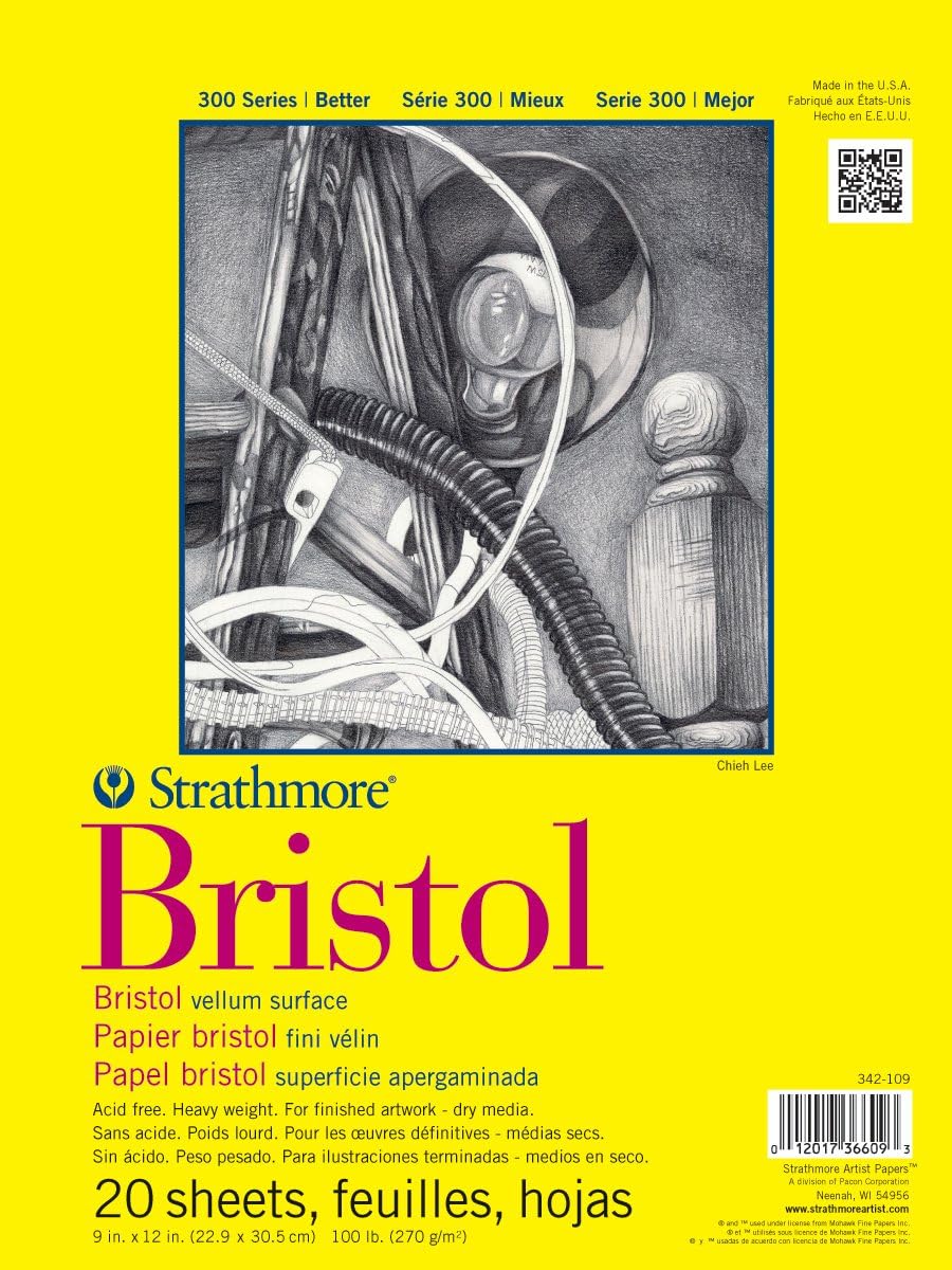 Strathmore 300 Series Tape Bound Bristol Pad, 100 lb. Vellum Surface, 9 X 12 inches, White, 20 Sheets (342-109)