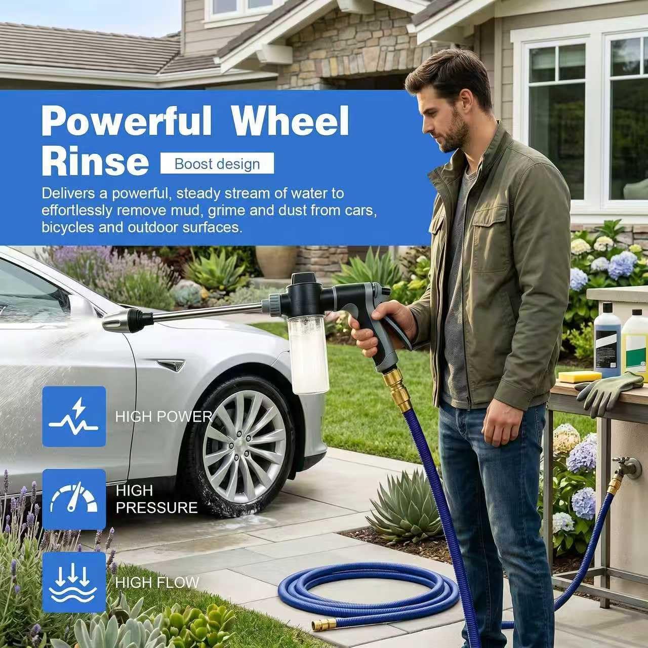 High Pressure Hose Nozzle with 4 Spray Modes, Adjustable Water Spray Gun, Metal Garden Hose Sprayer for Car Wash, Plant Watering, Patio & Outdoor Cleaning (Sprayer Kit with 3 Connectors & Foam Cannon)
