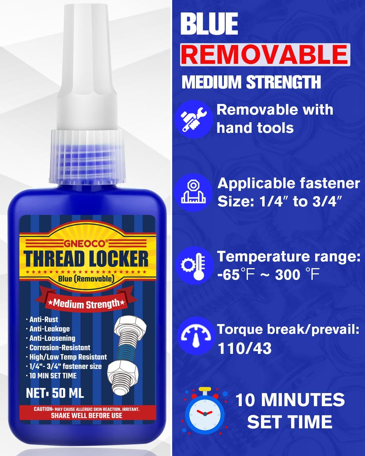 Thread Lock Blue, Threadlocker Medium Strength, Thread Locker for Nuts, Bolts, Fasteners and Metals, Anaerobic Curing Screw Glue to Prevent Loosening (Medium-50ml*2)