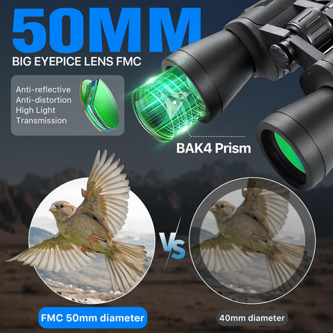 20x50 High Power Binoculars for Bird Watching 28mm Large Eyepiece Life Waterproof Binoculars for Hunting Hiking Concert Travel with Smartphone Adapter BAK4 Prism FMC Lens, Black