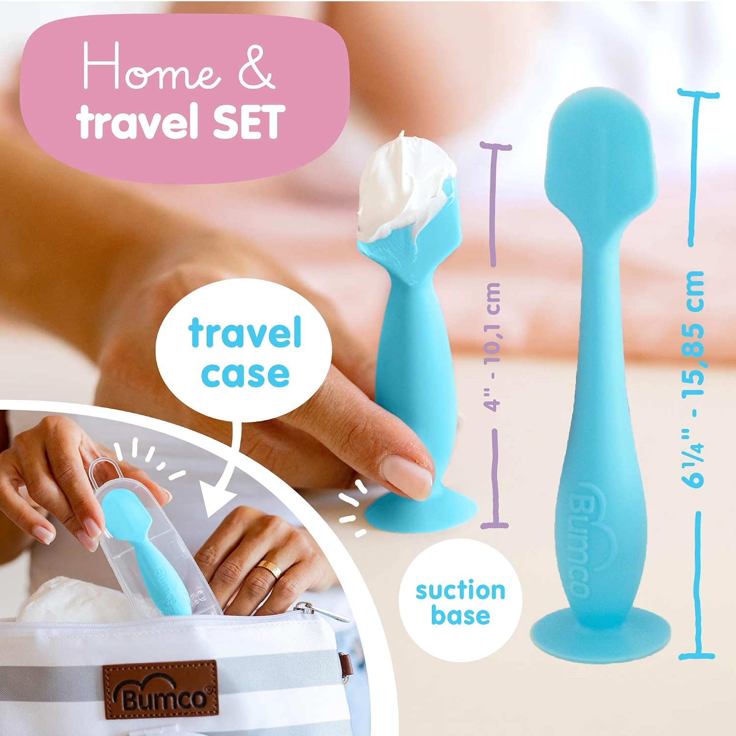 Bumco Baby Bum Brush + Travel Diaper Cream Spatula Set With Case (Blue)