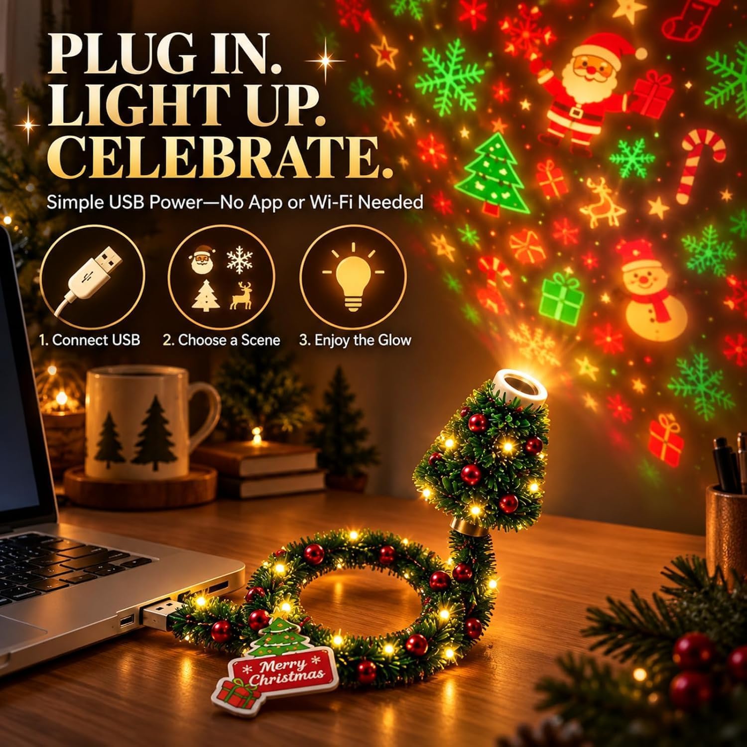 Christmas Projector Light, Plug and Play HD USB Christmas Tree Projector