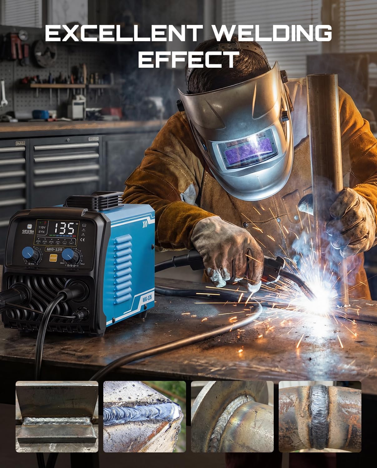 SEESII 135A MIG Welder 110V - 3-in-1 Gasless Flux Core/Lift TIG/Stick Welding Machine, 7.7lbs Portable IGBT Inverter, Large Digital Display Multi Process Welder