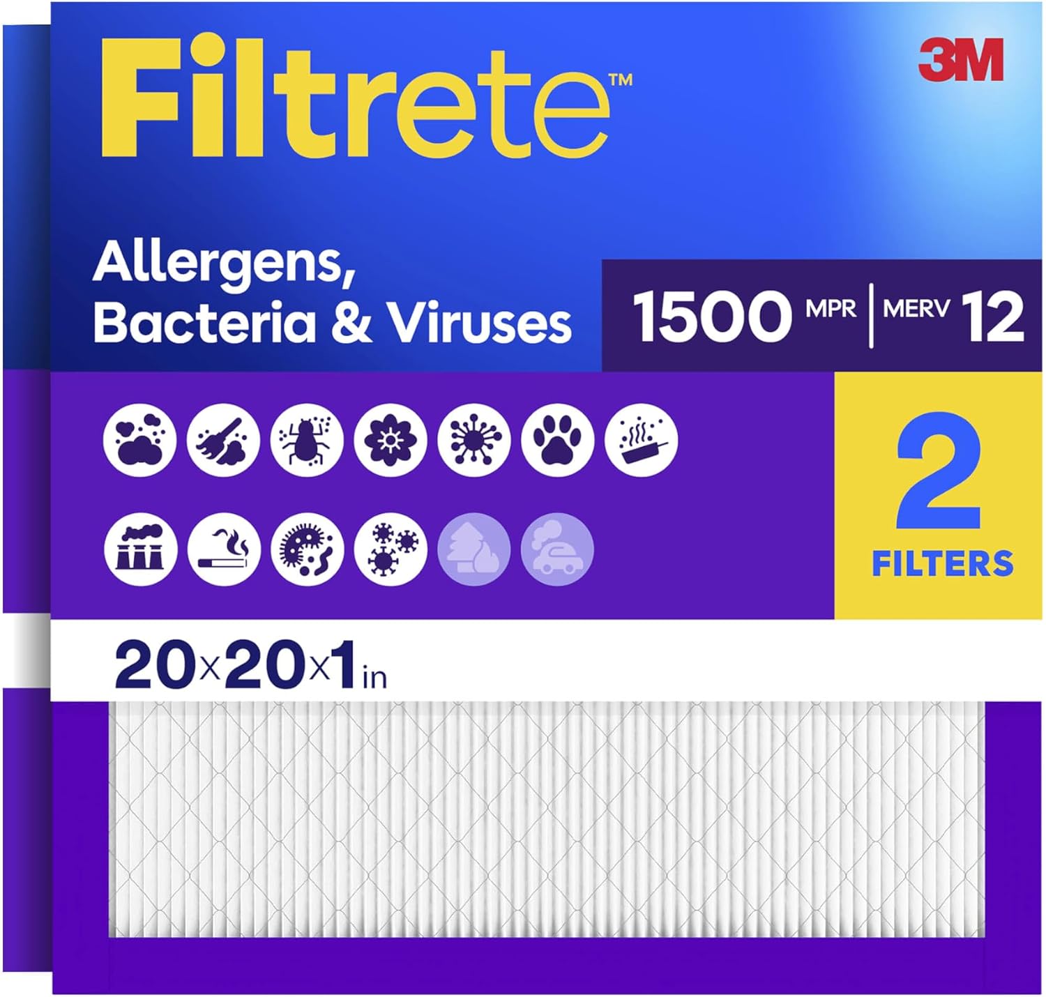 Filtrete 20x20x1 Air Filter, MERV 12, MPR 1500, 2 HVAC Filters