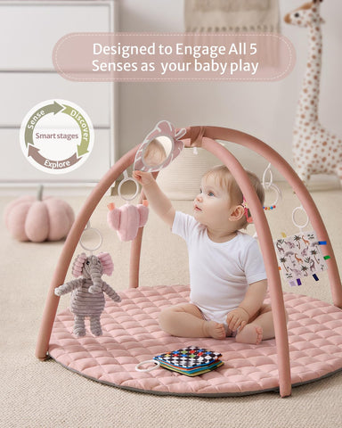 Blissful Diary Baby Play Gym Mat, Tummy Time Activity Mat with 6 Detachable Toys for Skill Development, Baby Essentials Gift, Soft Pink