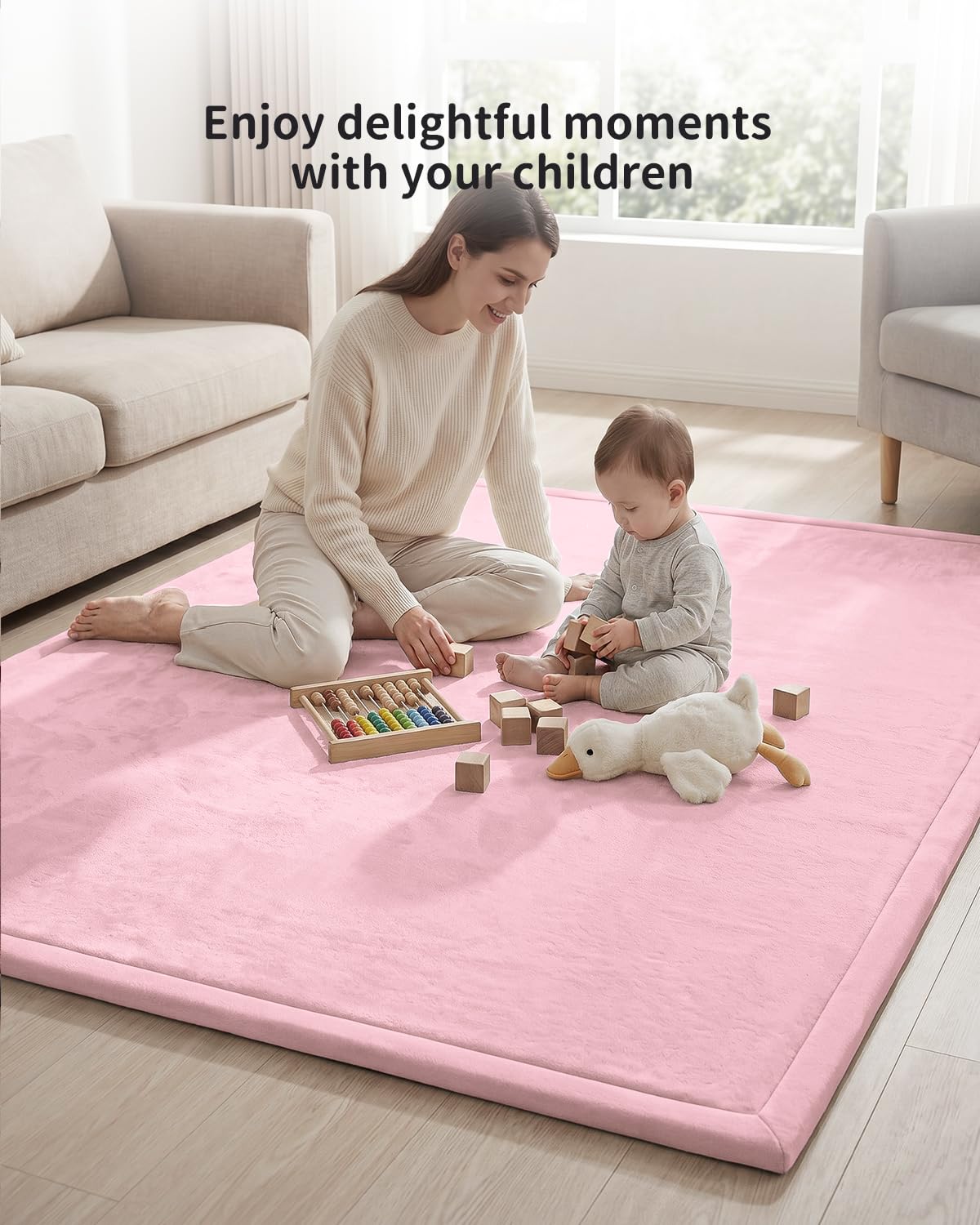 Goyuu Ultra Soft 1.3" Thick Baby Play Mat for Floor, 50x50 Playpen Mat Elasti-Foam Padded Crawling Mat for Babies, Toddlers, Infant, Kids, Non-Slip Backing Safe for Tummy Time Pink
