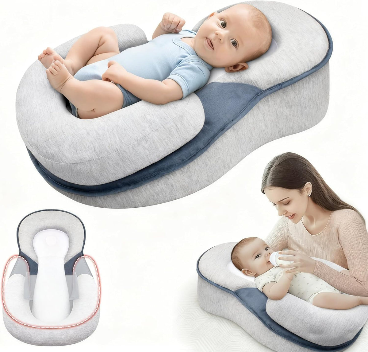 Baby Lounger Pillow for Infant Support Cushion Reflux Breastfeeding Pillow, Bottle Feeding, Tummy Time, Adjustable Baby Wedge Lounger Pillow for Reducing Spit-Up