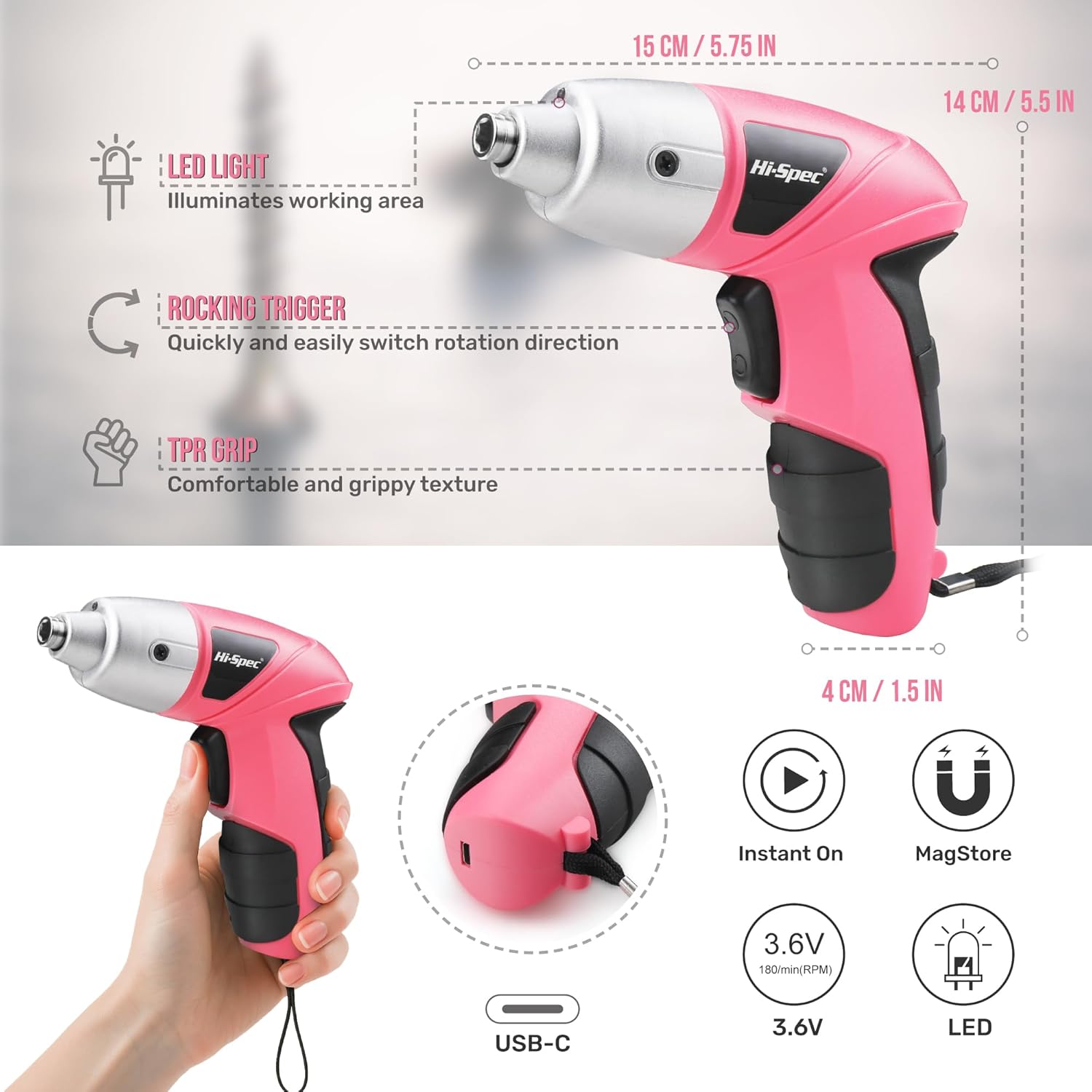 Hi-Spec Small Electric Screwdriver, Mini Drill Set, Rechargeable 3.6V Cordless Screwdriver with 26 Driver Bits, Power Tool for Small Projects & Home Use, Pink
