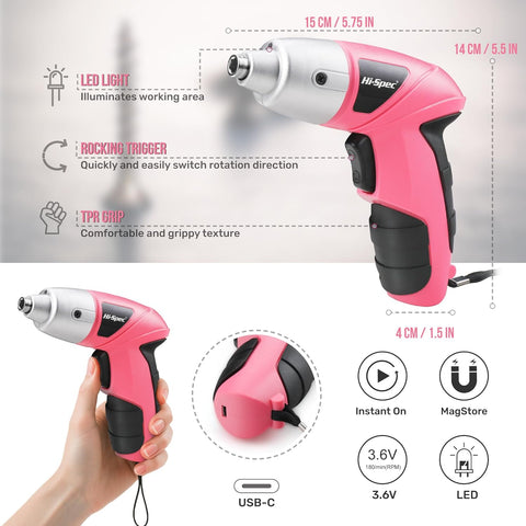 Hi-Spec Small Electric Screwdriver, Mini Drill Set, Rechargeable 3.6V Cordless Screwdriver with 26 Driver Bits, Power Tool for Small Projects & Home Use, Pink