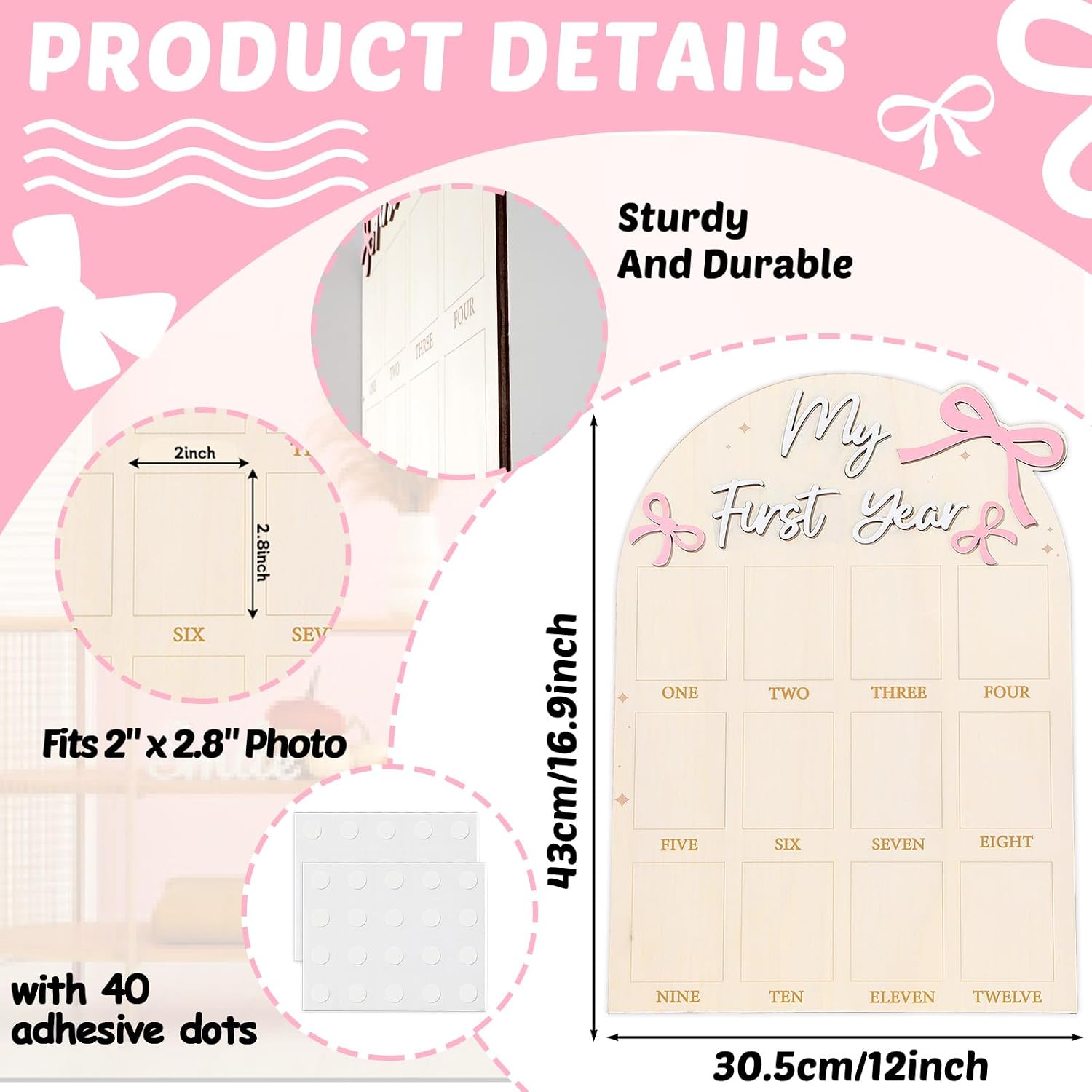 Naozinebi Pink Bow First Year Photo Board Bow Birthday Decor