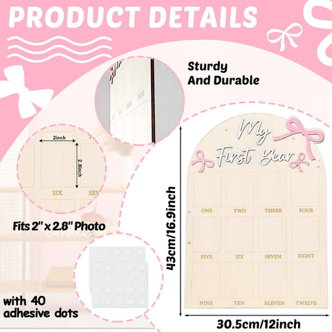 Naozinebi Pink Bow First Year Photo Board Bow Birthday Decor
