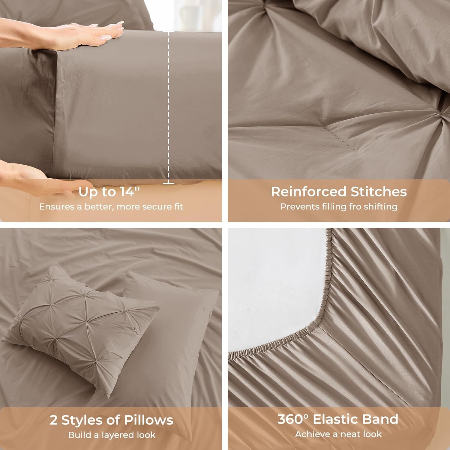 Sasttie Queen Comforter Set, 7-Piece Bed in a Bag, Pintuck Bedding Sets for All Season, Includes Comforter, Flat Sheet, Fitted Sheet, Pillowcases and Pillowshams, Dark Linen
