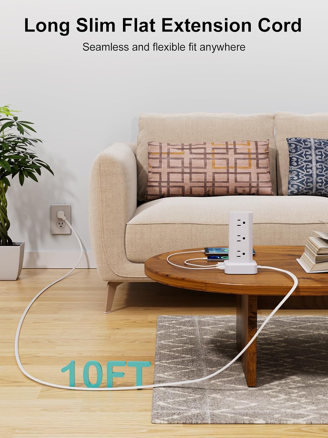 Power Strip Tower Surge Protector, 10FT Flat Plug Extension Cord with Multiple Outlets, 12 AC Outlets 4 USB (2 USB C), Desktop Charging Station with Surge Protection for Home Office Dorm Room, White