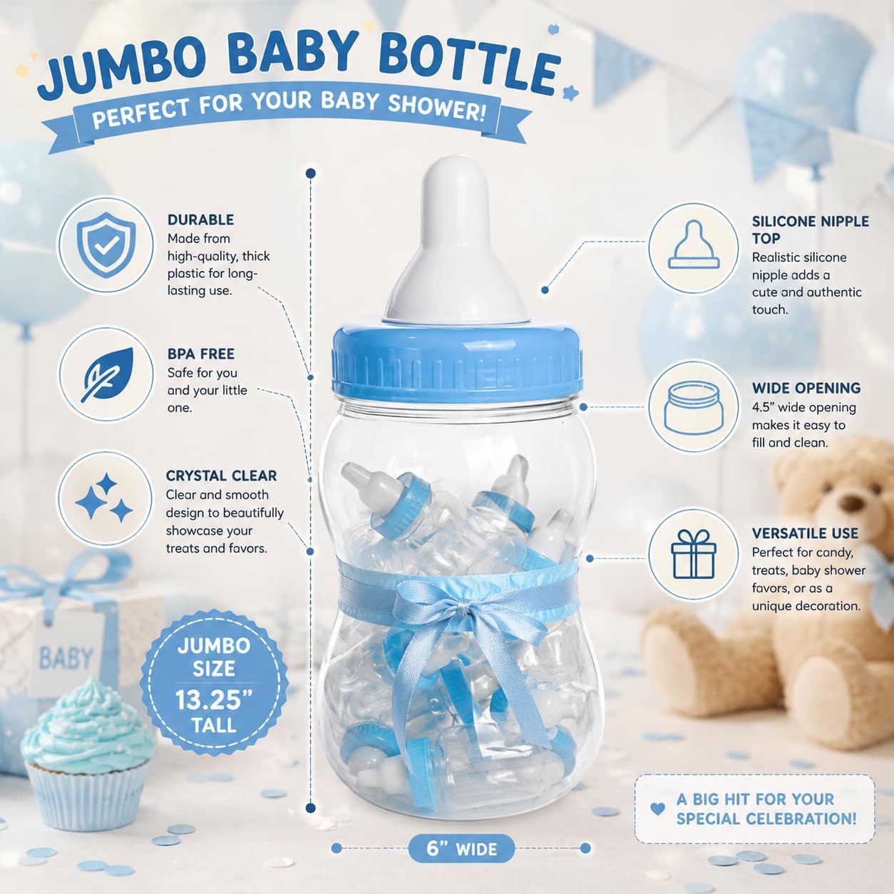 Evershine Plastic Baby Bottle Bank, 13" Blue Fillable Baby Shower Bank, Plastic Jumbo Baby Favor Bottle Centerpiece