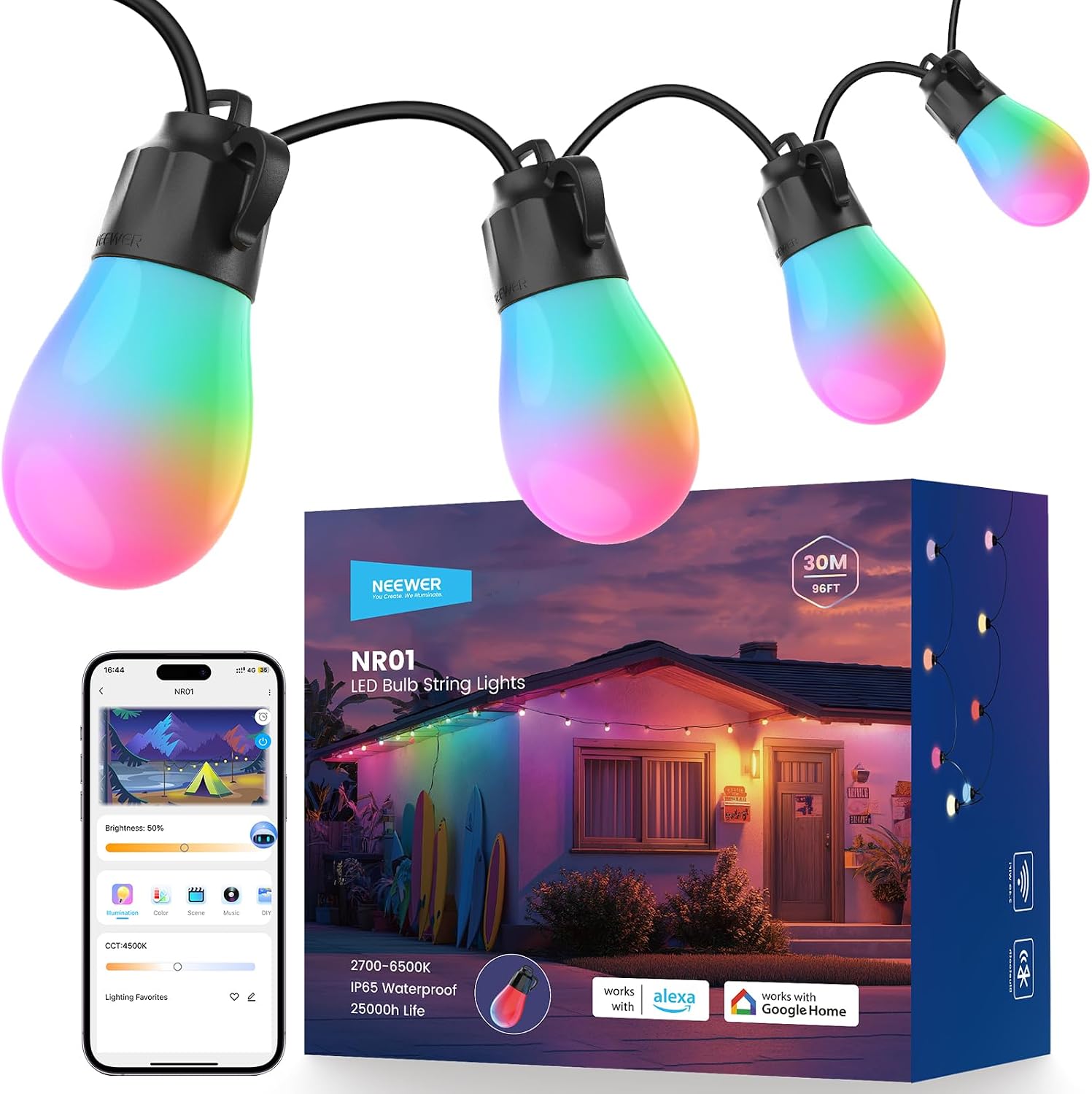 NEEWER NR01 96ft Outdoor String Lights, App Control Smart AI RGBW Lighting