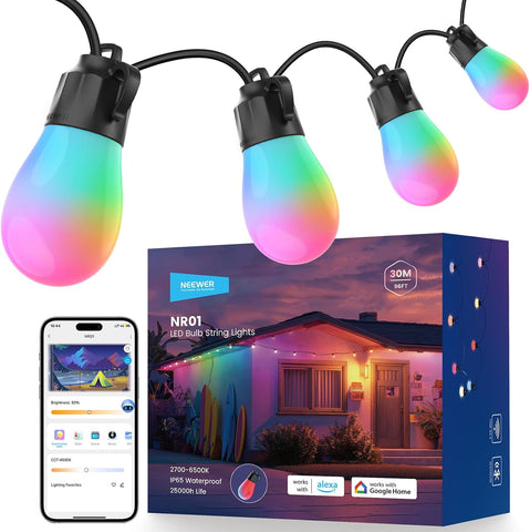 NEEWER NR01 96ft Outdoor String Lights, App Control Smart AI RGBW Lighting