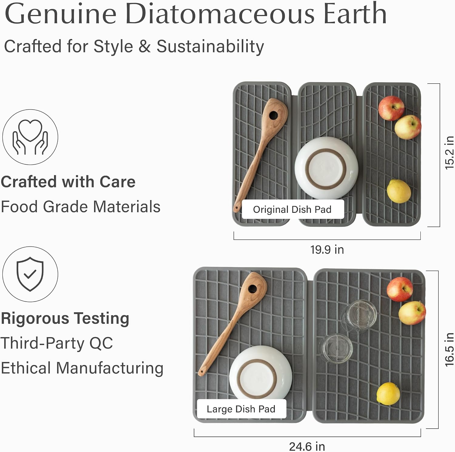 Dorai Home Dish Pad - Collapsable Stone Dish Drying Mat with Diatomaceous Earth for Quick Drying - Ultra Absorbent - Encased in Silicone - Eco-Friendly, Foldable - Original 19.9"x15.2", Slate