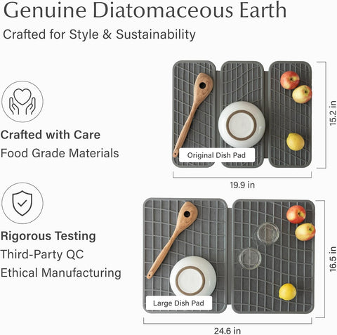 Dorai Home Dish Pad - Collapsable Stone Dish Drying Mat with Diatomaceous Earth for Quick Drying - Ultra Absorbent - Encased in Silicone - Eco-Friendly, Foldable - Original 19.9"x15.2", Slate
